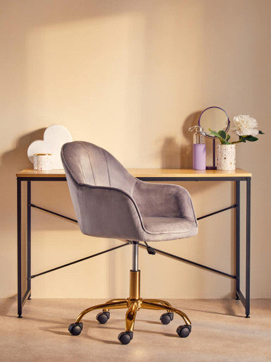 Brent grey velvet and gold base home office chair with grey velvet upholstery and gold-tone base with casters
