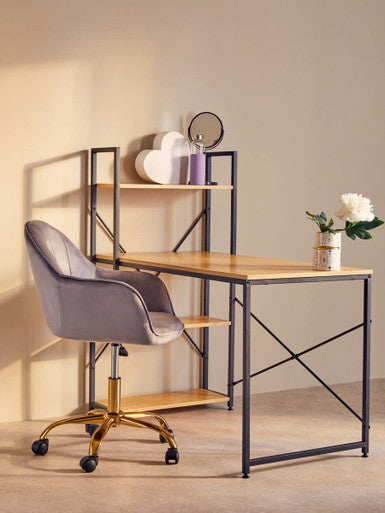 Gray velvet home office chair with gold base and casters perfect for stylish and comfortable home office seating