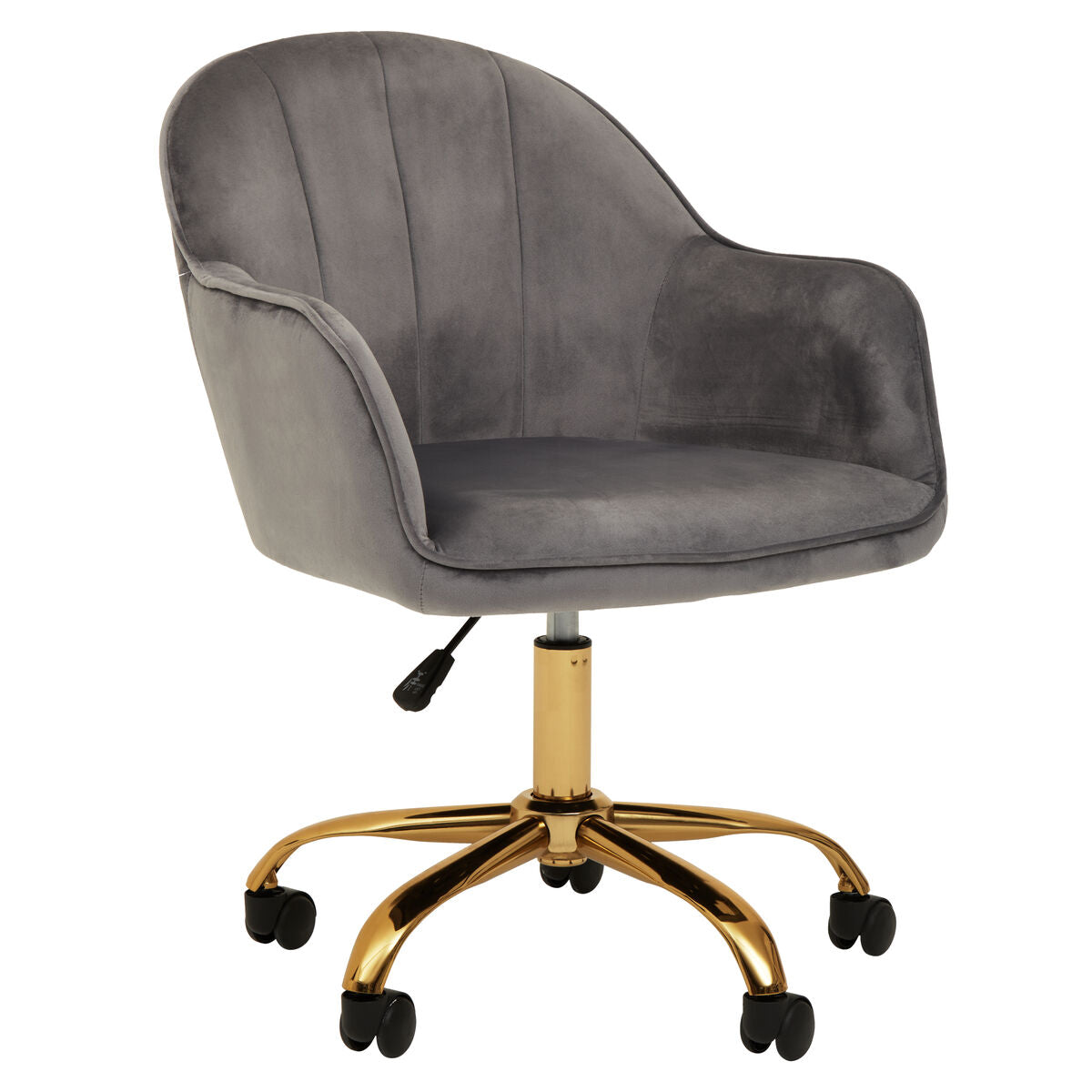 Gray velvet home office chair with gold-tone base and casters perfect for a stylish office setup
