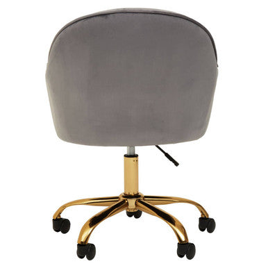 Gray velvet home office chair with gold-tone metal base and five-star caster wheels for stylish office use