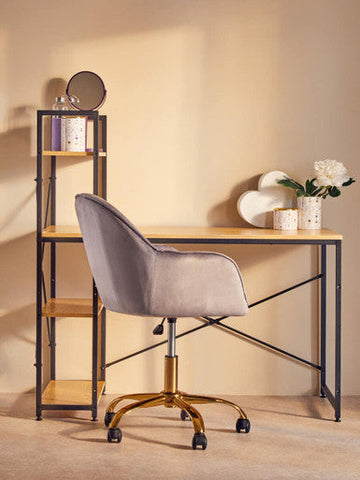 Gray velvet home office chair with gold-tone base and casters perfect for stylish office seating