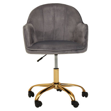Gray velvet office chair with gold-tone metal base and casters perfect for stylish home office seating