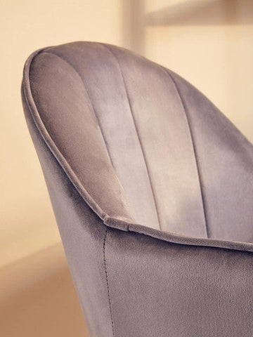 Back of a Brent grey velvet and gold base home office chair with plush pleated slate-gray velvet upholstery