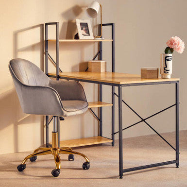 Gray velvet home office chair with gold-tone base and casters perfect for stylish office setups
