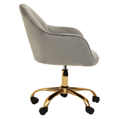 Gray velvet home office chair with gold-tone metal base and black casters perfect for a stylish home office setup