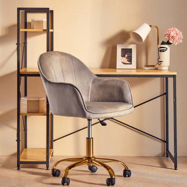 Gray velvet office chair with gold-tone base and casters perfect for stylish home office use