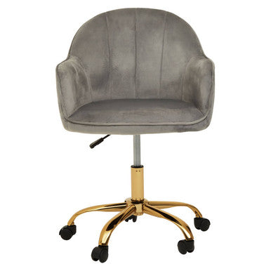 Gray velvet home office chair with gold-tone base and casters perfect for stylish office setups