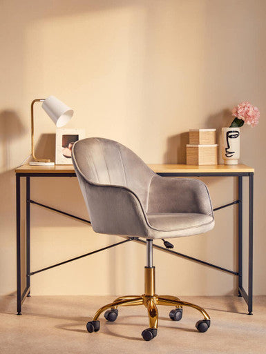 Gray velvet home office chair with gold-tone base and casters perfect for stylish home office setups