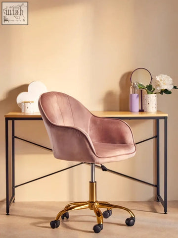 Brent pink velvet home office chair with plush pink velvet upholstery and gold finished base with casters