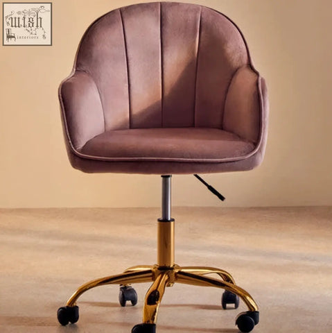 Brent pink velvet home office chair with plush mauve velvet, tufted back, and gold-tone metal base with casters