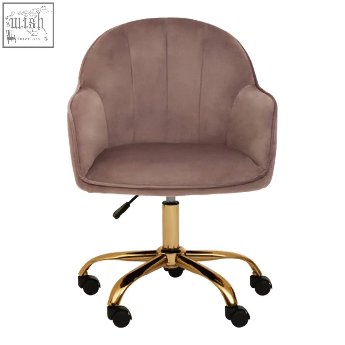 A plush mauve pink velvet home office chair with a tufted back and gold-tone metal base with black caster wheels