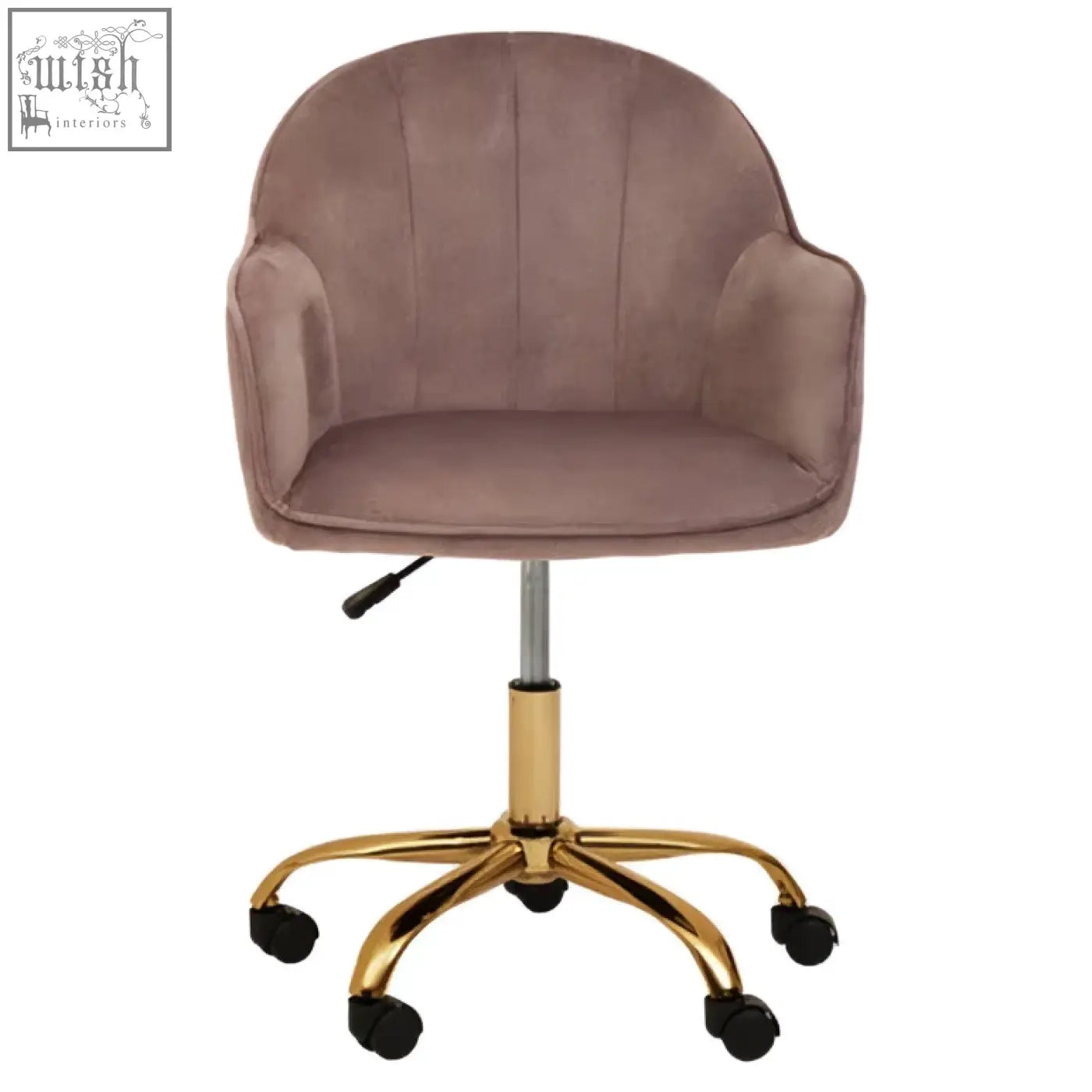Brent pink velvet home office chair with plush taupe velvet tufted back and gold metal base with casters