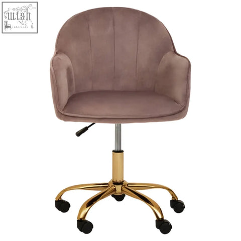 Brent pink velvet home office chair with plush taupe velvet tufted back and gold metal base with casters