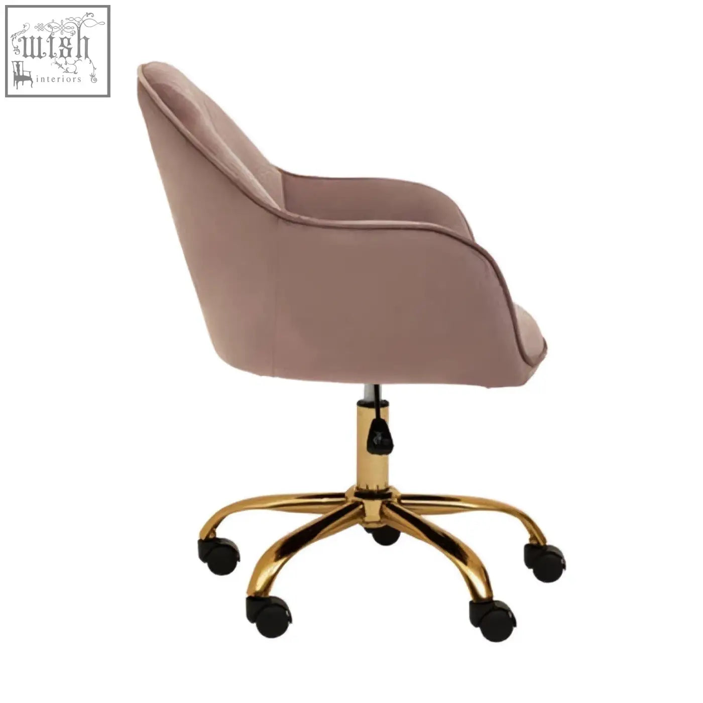 A sleek blush pink velvet home office chair with a gold base and black caster wheels perfect for any office setup