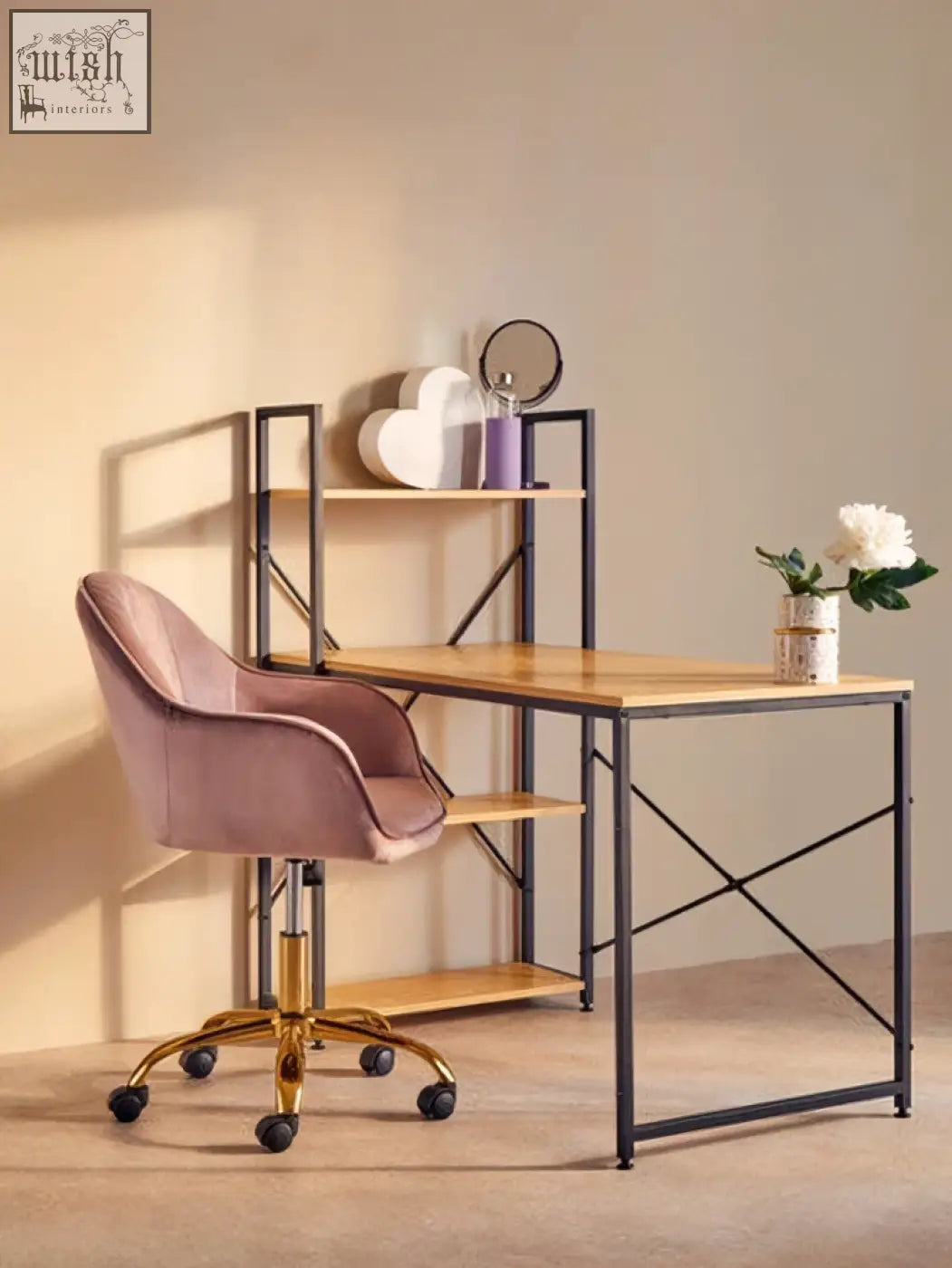 Pink velvet home office chair with gold tone base and casters perfect for stylish office seating