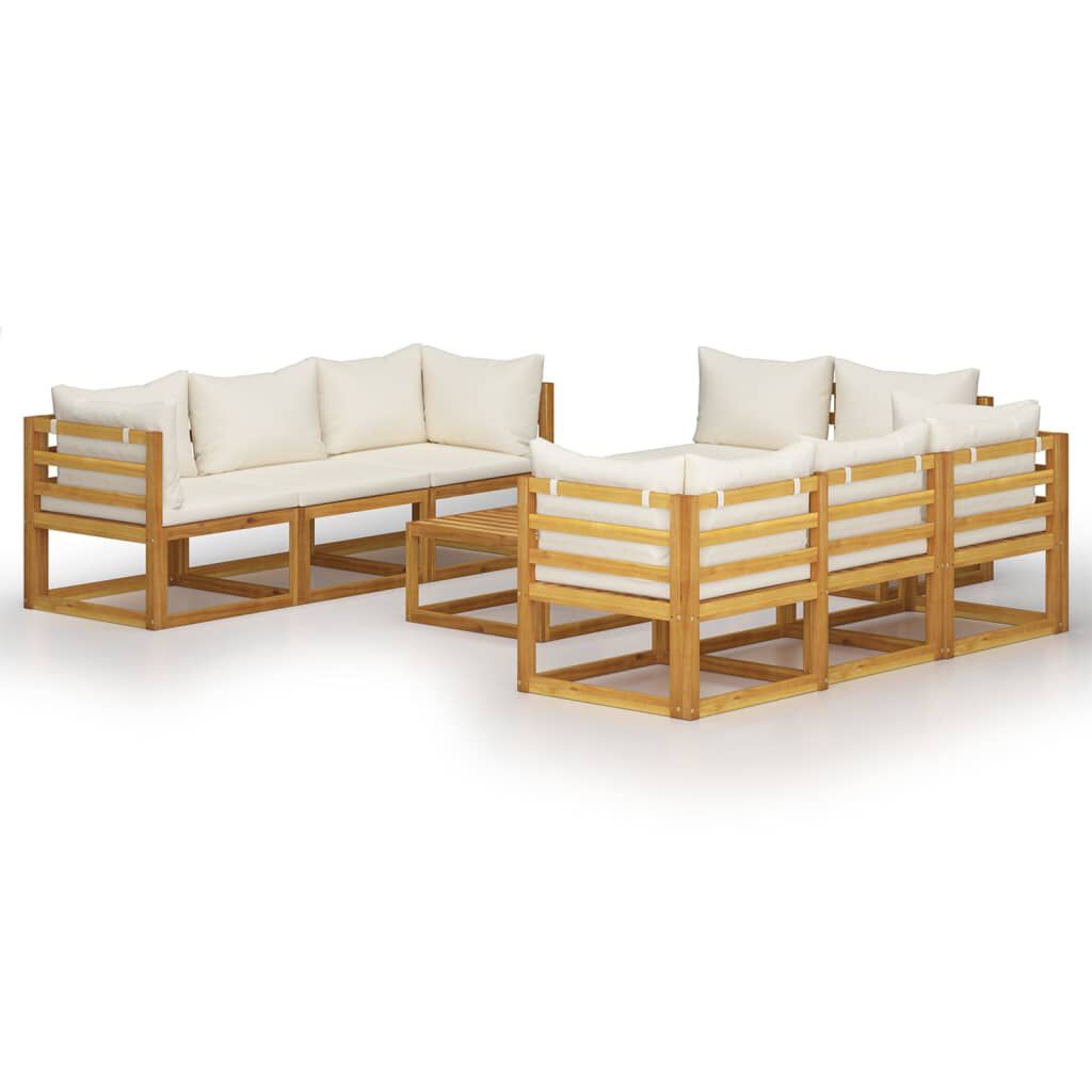 Light brown wooden outdoor sectional lounge set with cream cushions and slatted backrests made of solid acacia wood