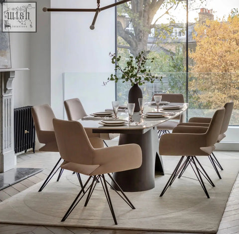 Modern beige upholstered dining chairs with black metal legs paired with brezzo extendable dining table marble style ceramic