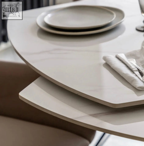 Modern white marble style ceramic dining table with sleek curved edges minimalist design brezzo extendable dining table