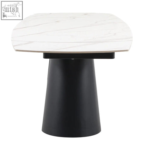 Modern brezzo extendable dining table with white marble style ceramic top and sleek black pedestal base
