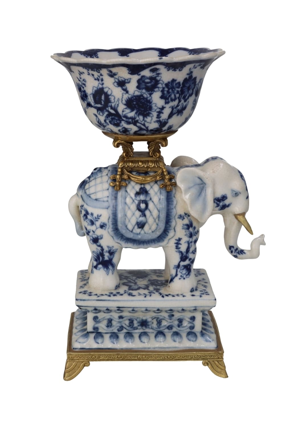 Bridgerton decorative elephant porcelain bowl in blue and white with gold accents carrying a floral-patterned bowl