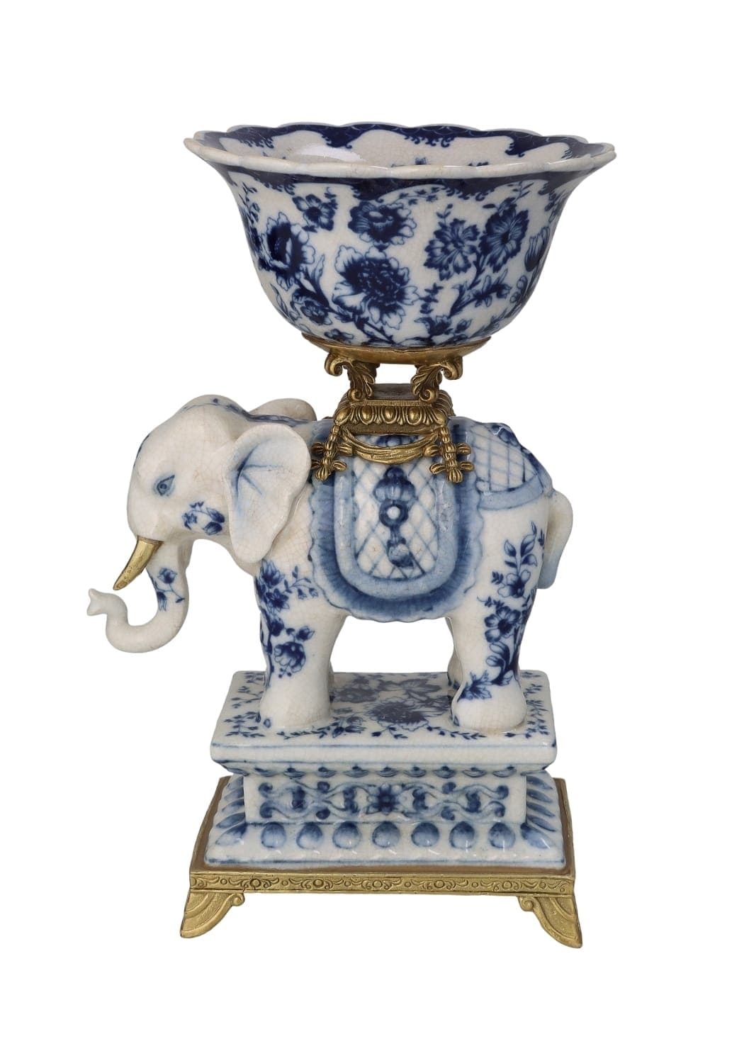 Bridgerton decorative elephant porcelain bowl in blue and white with gold accents carrying a floral bowl on its back