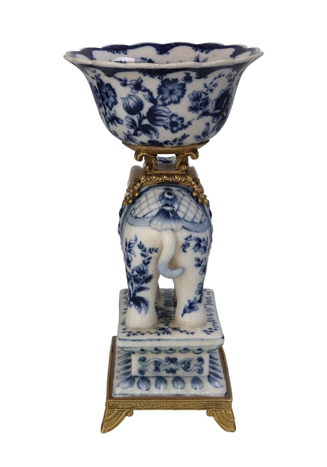 Bridgerton decorative elephant porcelain bowl with blue and white floral patterns on elephant figurine base