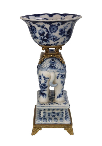 Bridgerton decorative elephant porcelain bowl with blue and white floral patterns on elephant figurine base
