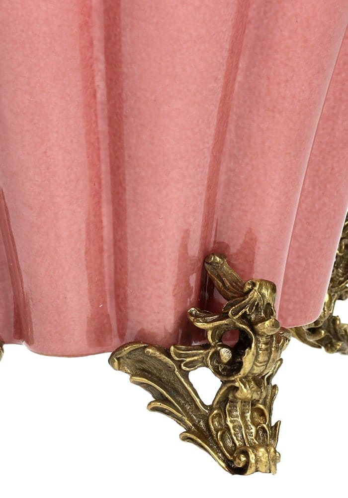 Pink ceramic bridgerton regency style vase with gold ornate feet and two bird design perfect for home decor