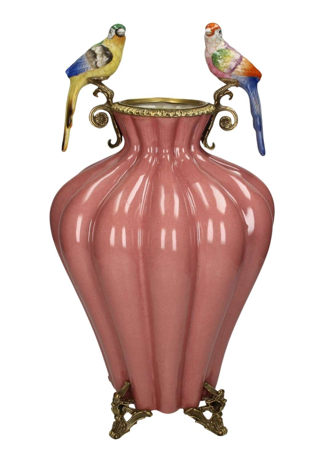 A pink ceramic bridgerton regency style vase with gold metal accents and two colorful parrot figurines on handles