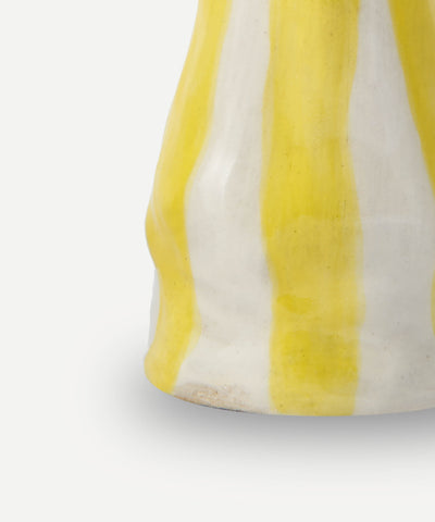 Bright yellow candy stripe candle holder ceramic vase with bold vertical yellow and white stripes