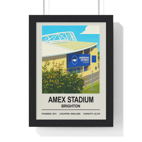 Black-framed poster of amex stadium brighton featuring a stylized illustration with founding year location and capacity details