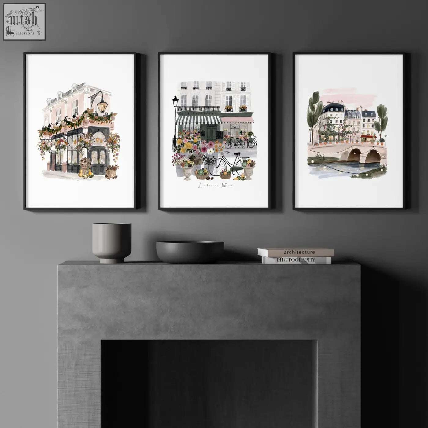 Three british posters art prints featuring parisian street scenes in pastel tones in sleek black frames travel wall art