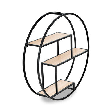 Brixton 3 tier round metal wall shelf with black metal frame and three light wood toned shelves for display
