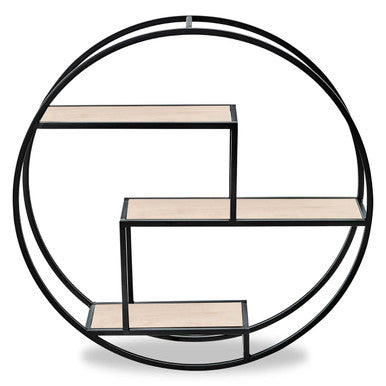 Brixton 3 tier round metal wall shelf with three light wood stepped shelves in a circular metal frame
