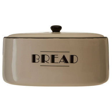 Beige ceramic broadway bread bin with black bread lettering and matching black knob for kitchen storage