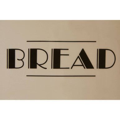 Black bread logo with bold geometric art deco lettering framed by two lines on a broadway bread bin