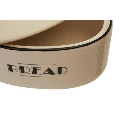 Cream-colored ceramic broadway bread bin with black lettering and matching black rim for stylish storage