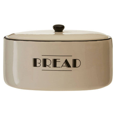 Cream-colored ceramic broadway bread bin with black lid knob and bold black serif bread label