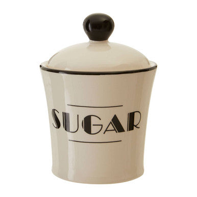 Cream-colored ceramic broadway sugar canister with black lettering and matching black knob sugar canister lid