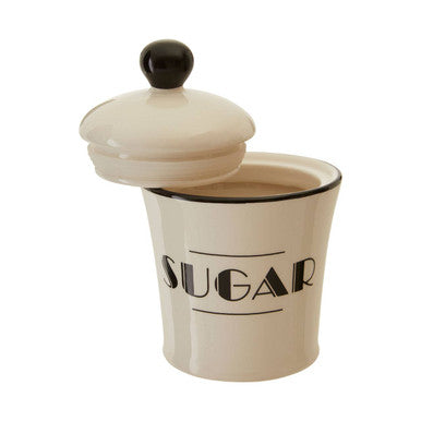Cream-colored ceramic broadway sugar canister with black lid and bold black sugar lettering perfect as a sugar canister