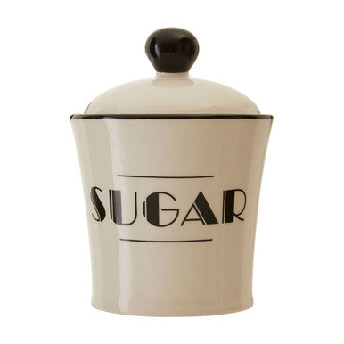 Cream-colored ceramic broadway sugar canister with black lettering and matching black knob sugar canister lid
