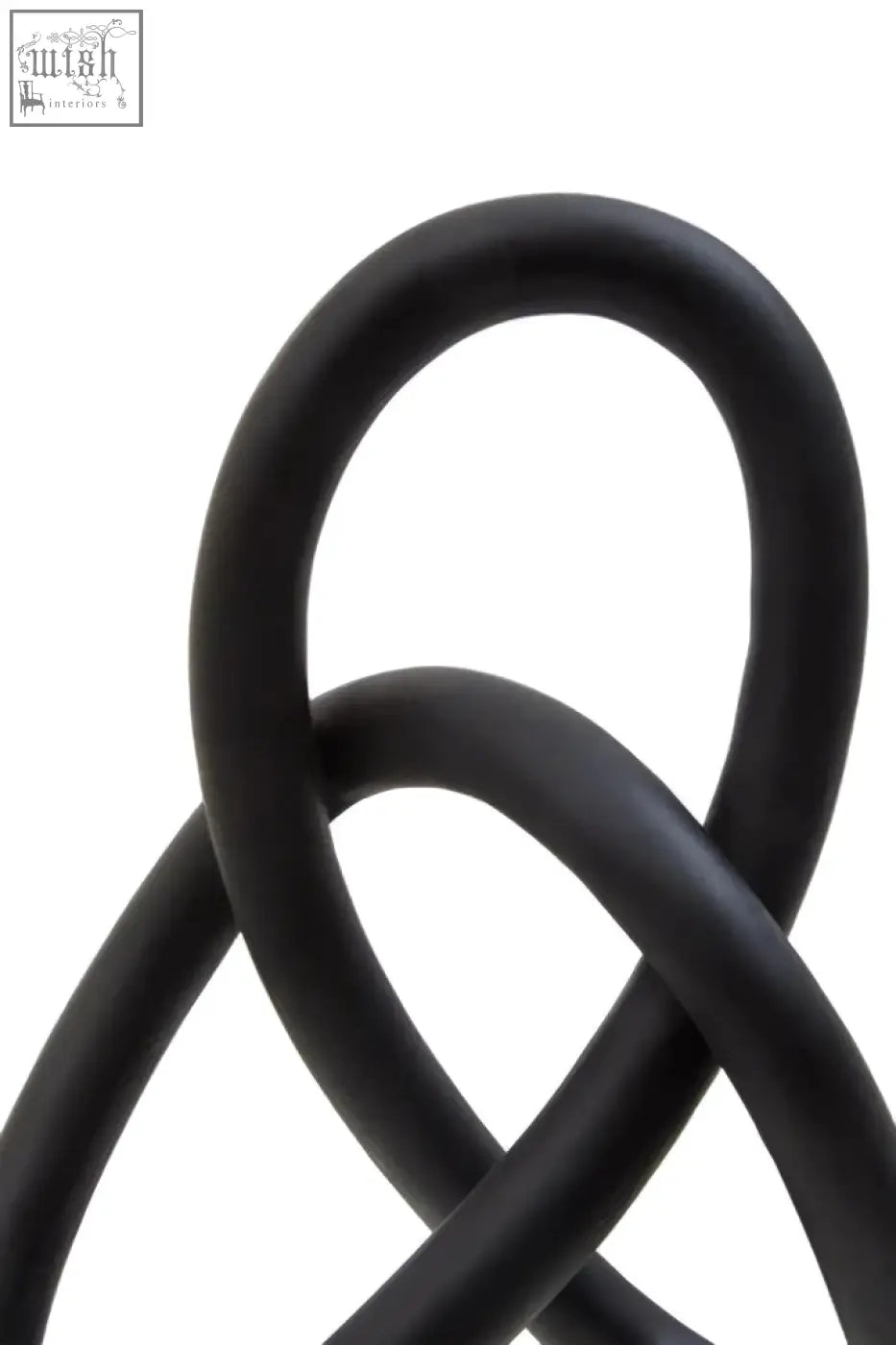 Broc black knot sculpture made of black rubber tubing in an interwoven knot pattern for modern decor