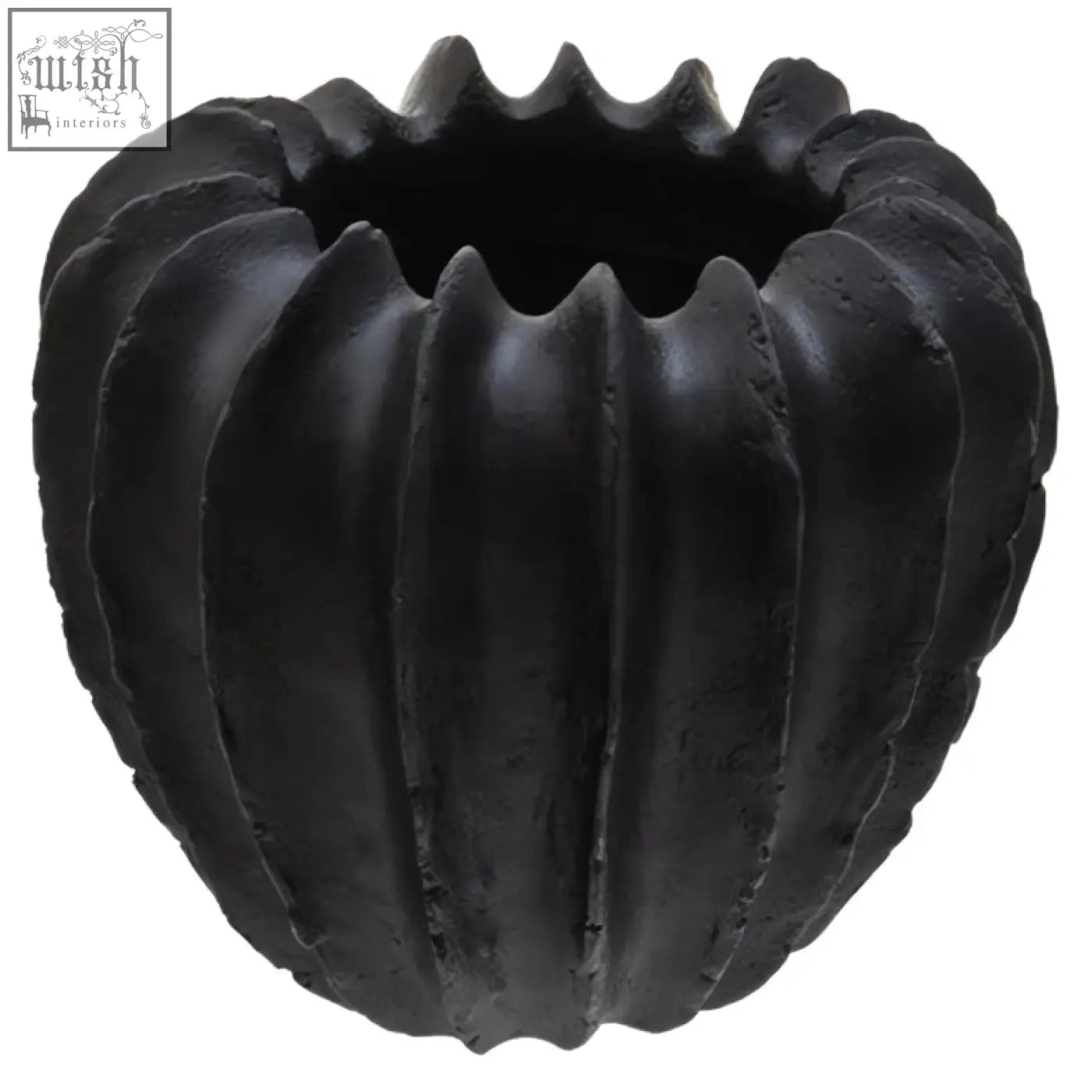 Broc black textured vase is a black ribbed ceramic vase with a segmented exterior and open top perfect for decor