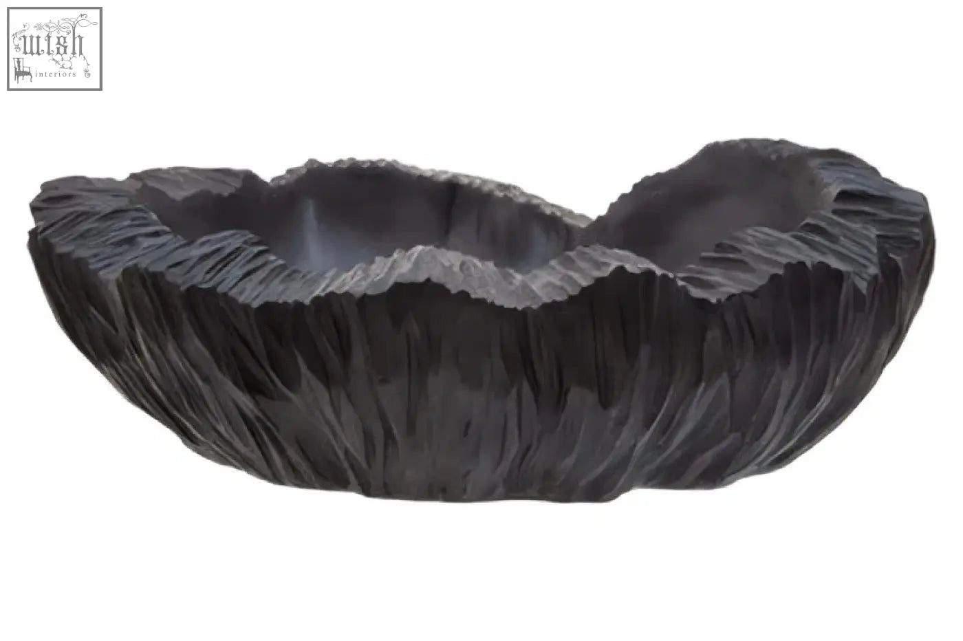 Dark gray intricately carved wooden broc curved textured black bowl with leaf-like textured black rim