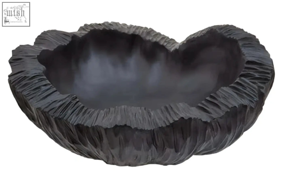 Black textured stone bowl with curved textured ruffled organic edge perfect for stylish serving or decor