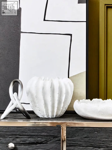 White textured vase shaped like a cactus made of ceramic with textured ridges and a matte finish Broc White Textured Vase