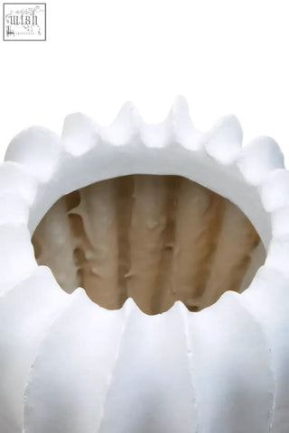 White textured vase made from ribbed paper with a scalloped rim for a unique textured look