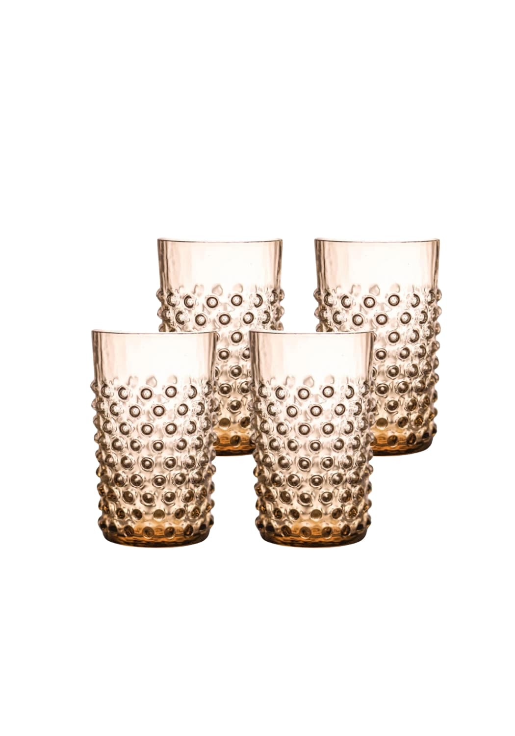 Set of four amber-colored bronze dew drop glass tumblers with textured hobnail pattern perfect for drinks