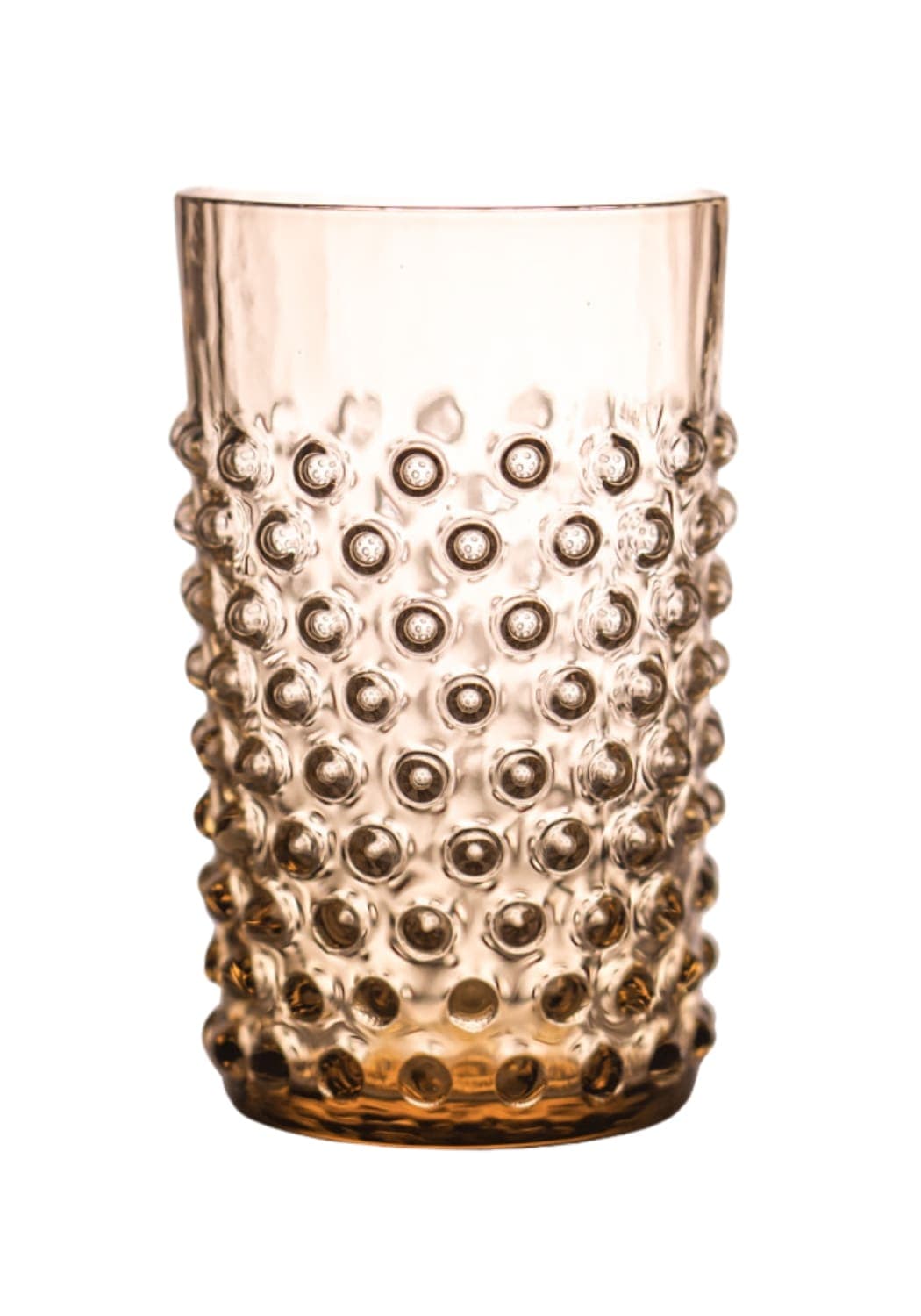 A translucent amber glass bronze dew drop tumbler with raised circular bumps textured surface set of 4