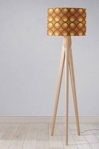 Retro 1970s table lamp shade with brown and orange fabric in 12 inch diameter featuring concentric circles design